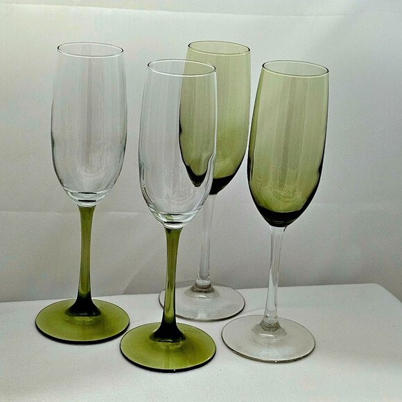 Pier 1 Pantiago Olive Green Champagne Glasses 9" toasting flutes glassware - Picture 5 of 7